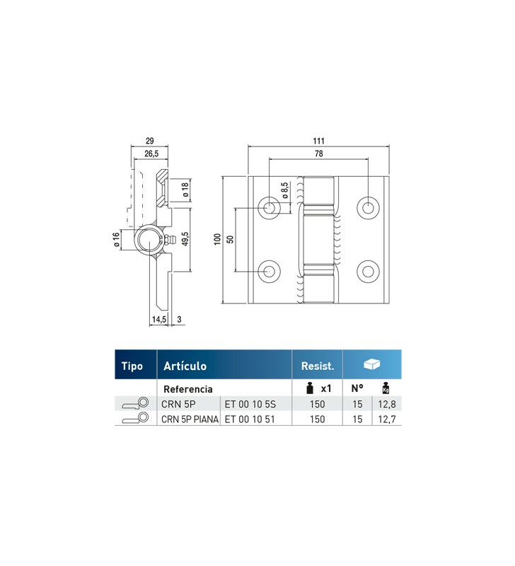Bisagra lateral en acero con 2 alas
